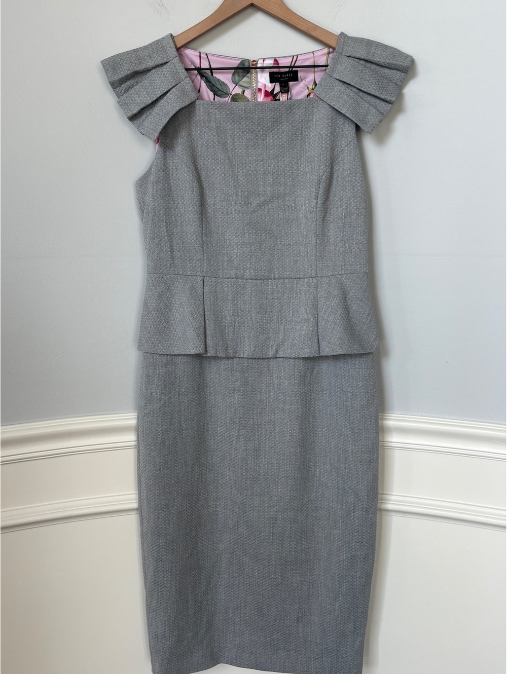 Ted Baker London Grey Rivaadd Pleated Shoulder Peplum Sheath Dress 3 (US 8)
